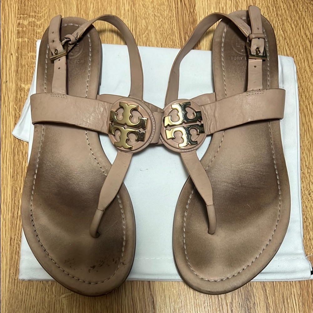 Tory Burch Tan Leather Sandals with Metal Embellishment